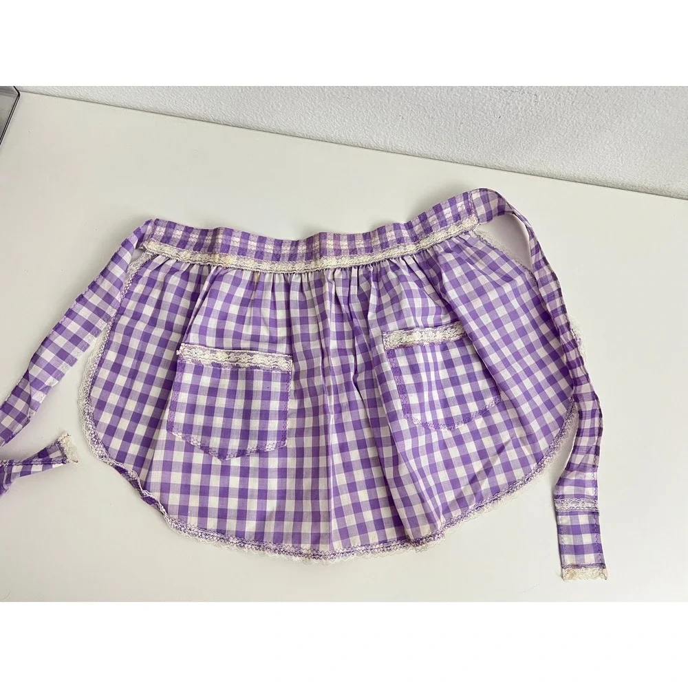 Vintage Purple Gingham Half Apron Lace Trim Rick Rack Two Pocket Retro Handmade